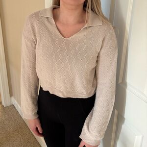 Beige Collared V‑Neck Knit Sweater